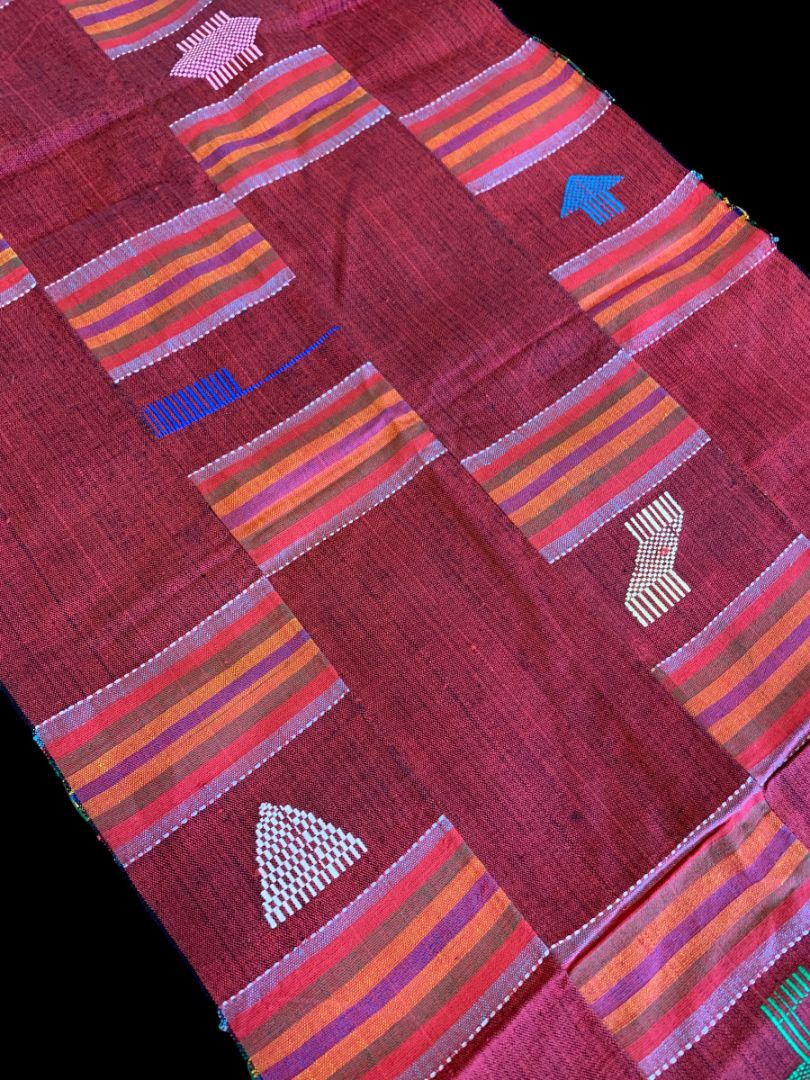 Vintage Table Runner Patchwork Red Embroidered Fringed 76" x 17"