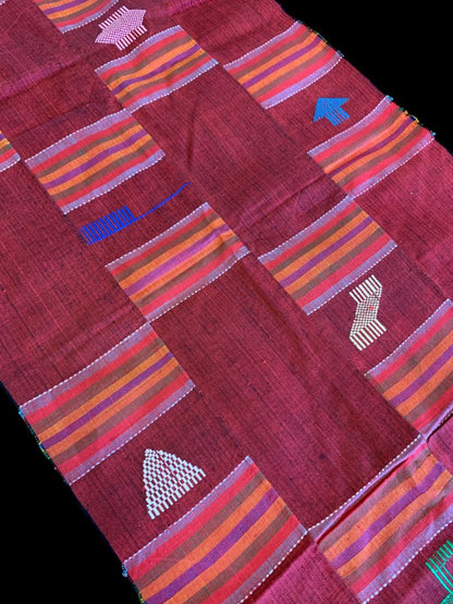 Vintage Table Runner Patchwork Red Embroidered Fringed 76" x 17"