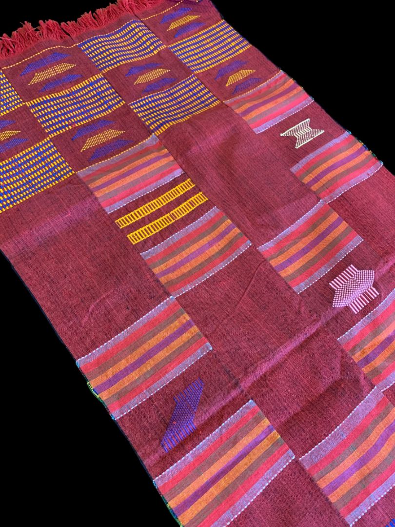Vintage Table Runner Patchwork Red Embroidered Fringed 76" x 17"