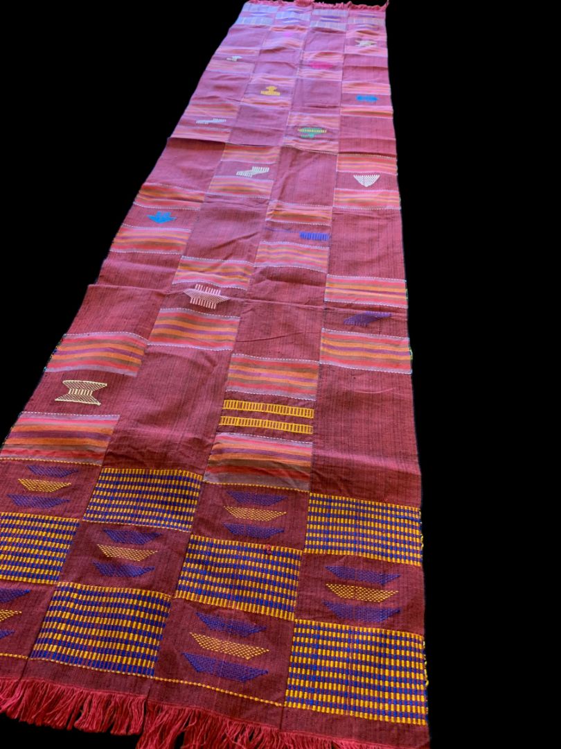 Vintage Table Runner Patchwork Red Embroidered Fringed 76" x 17"