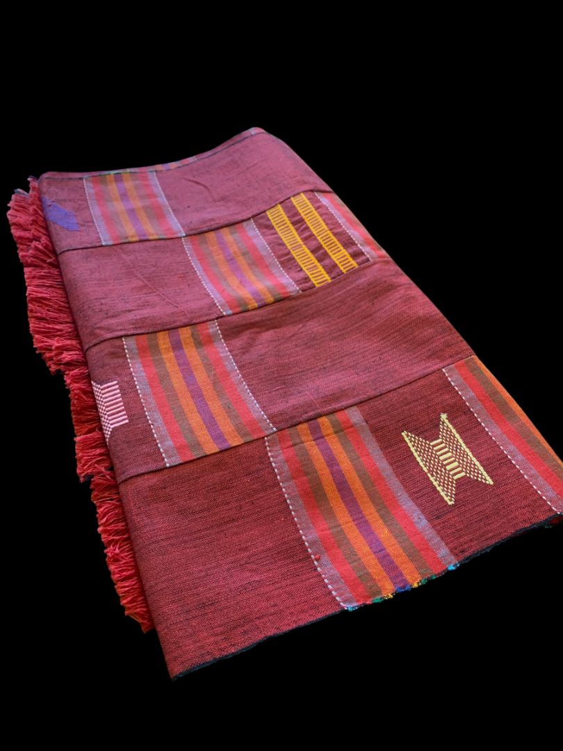 Vintage Table Runner Patchwork Red Embroidered Fringed 76" x 17"