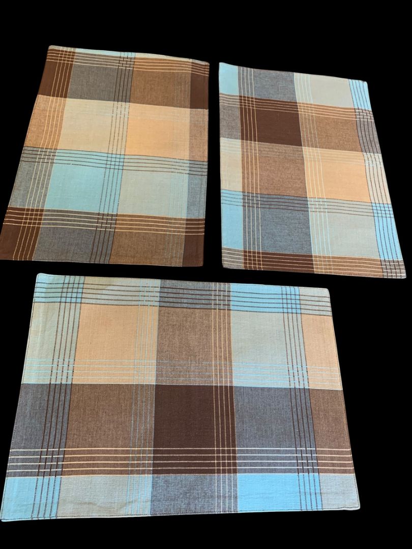 Set of 3 Cotton Placemats 13 x 19" Plaid Brown Turquoise Double Faced