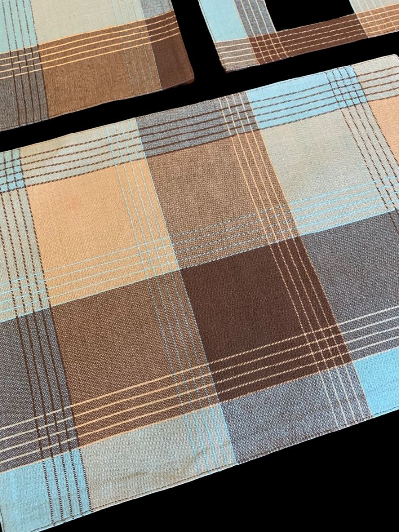 Set of 3 Cotton Placemats 13 x 19" Plaid Brown Turquoise Double Faced