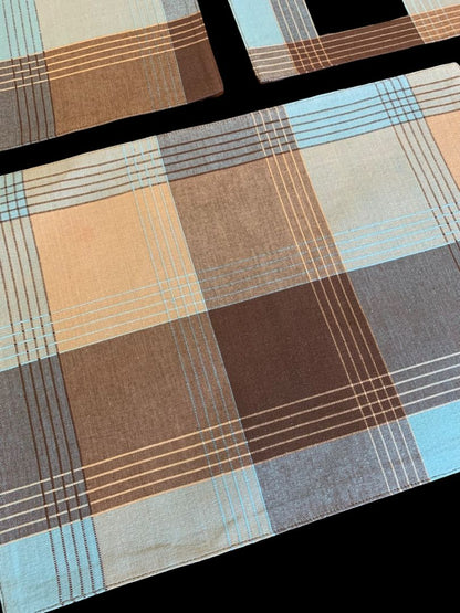 Set of 3 Cotton Placemats 13 x 19" Plaid Brown Turquoise Double Faced