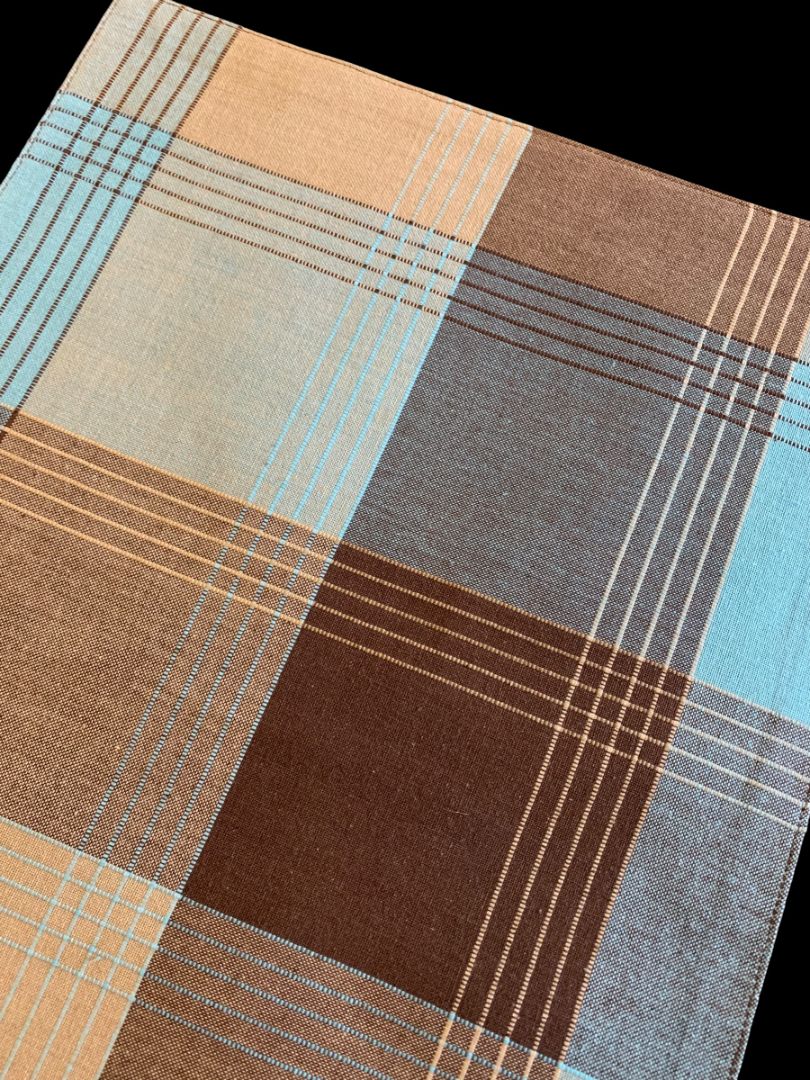 Set of 3 Cotton Placemats 13 x 19" Plaid Brown Turquoise Double Faced