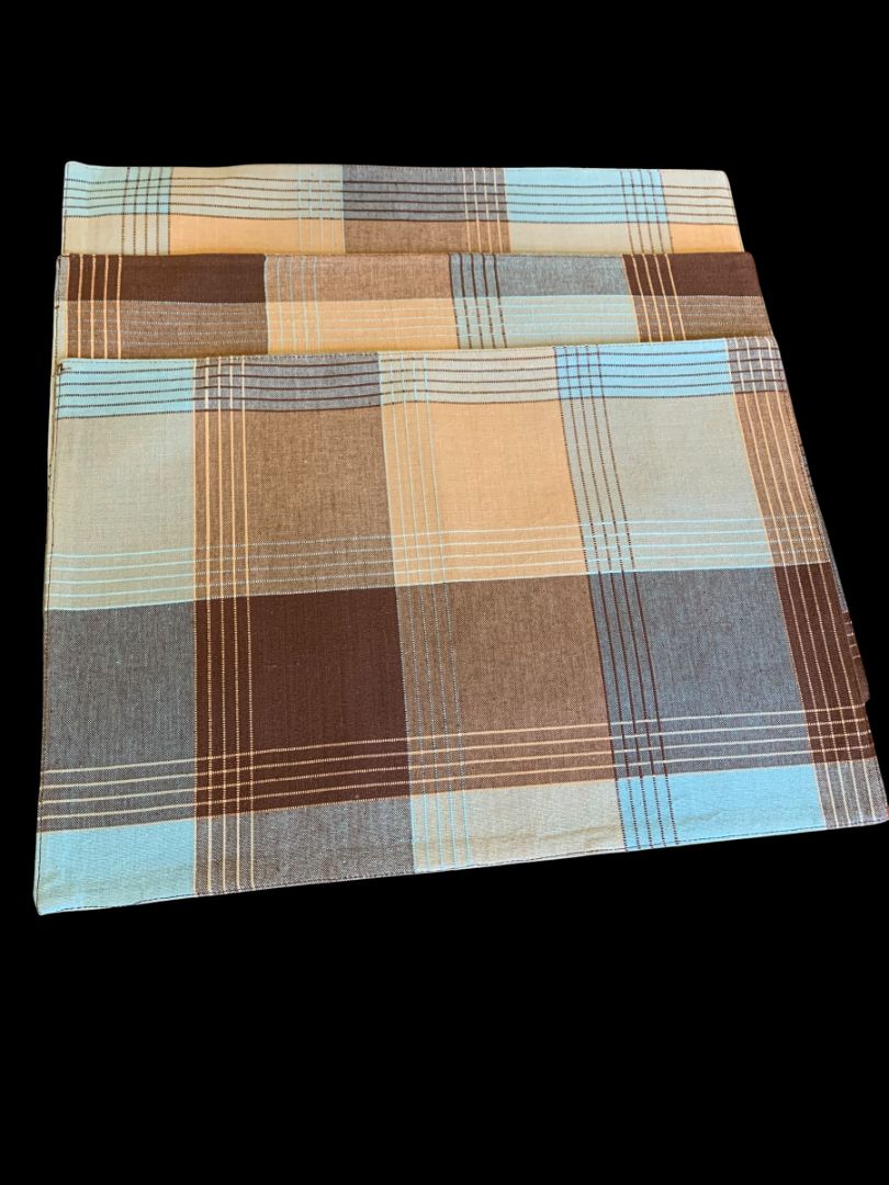 Set of 3 Cotton Placemats 13 x 19" Plaid Brown Turquoise Double Faced