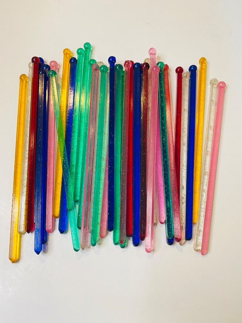 Lot of 38 Midcentury Plastic Swizzle Cocktail Sticks Sparkle Translucent Retro Barware 6"