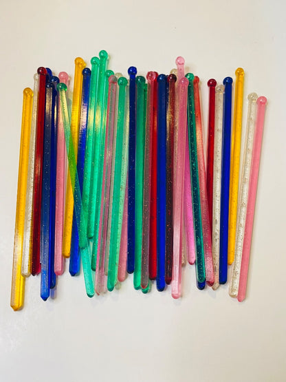 Lot of 38 Midcentury Plastic Swizzle Cocktail Sticks Sparkle Translucent Retro Barware 6"