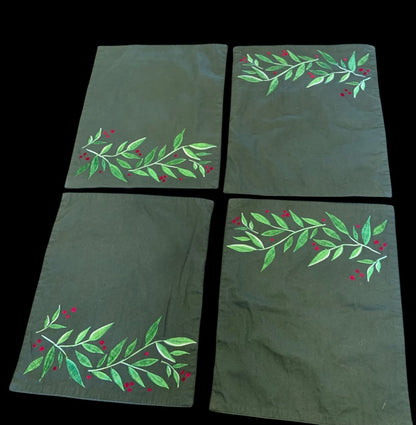 Set of 4 Christmas Fabric Holiday Placemats Embroidered Dark Green Holly 17" x 13"