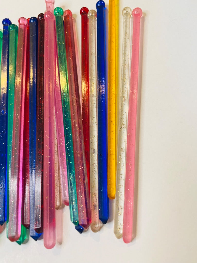 Lot of 38 Midcentury Plastic Swizzle Cocktail Sticks Sparkle Translucent Retro Barware 6"