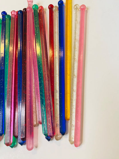 Lot of 38 Midcentury Plastic Swizzle Cocktail Sticks Sparkle Translucent Retro Barware 6"
