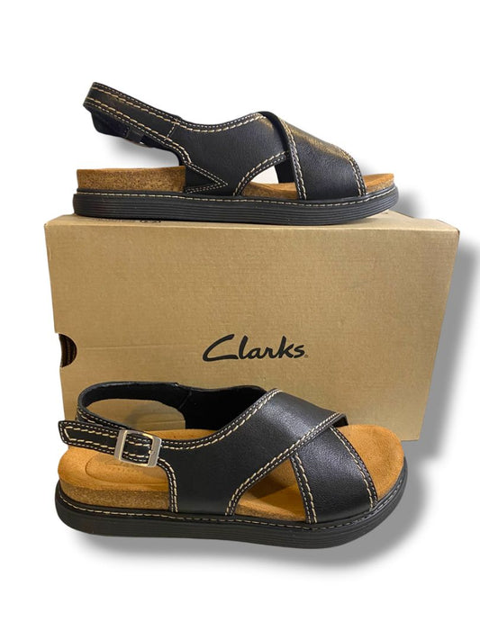 Size 10W Clarks Womens Wide Arwell Black Leather Sling Sandal New
