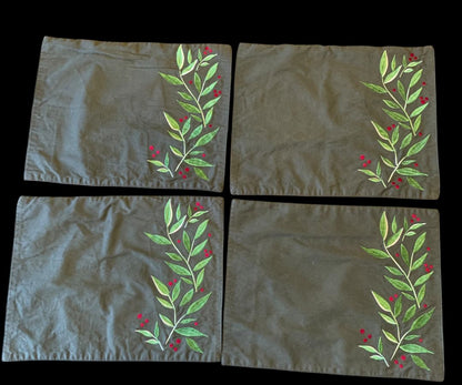 Set of 4 Christmas Fabric Holiday Placemats Embroidered Dark Green Holly 17" x 13"