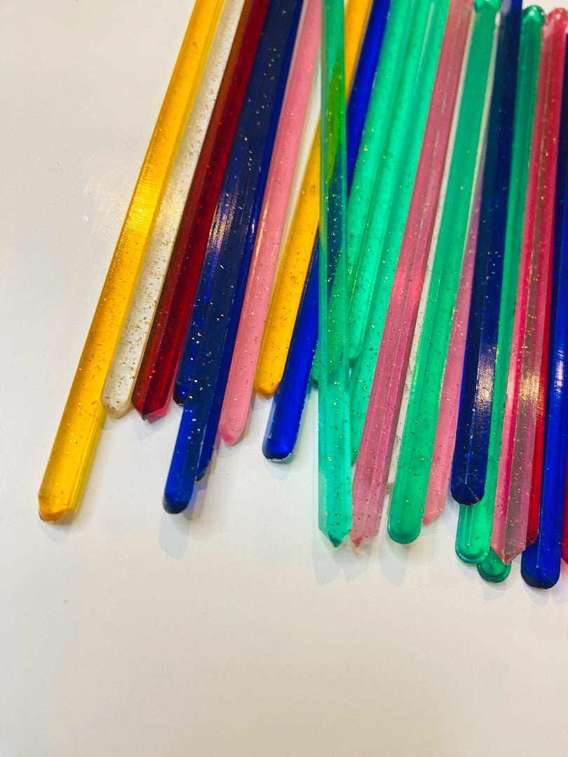 Lot of 38 Midcentury Plastic Swizzle Cocktail Sticks Sparkle Translucent Retro Barware 6"