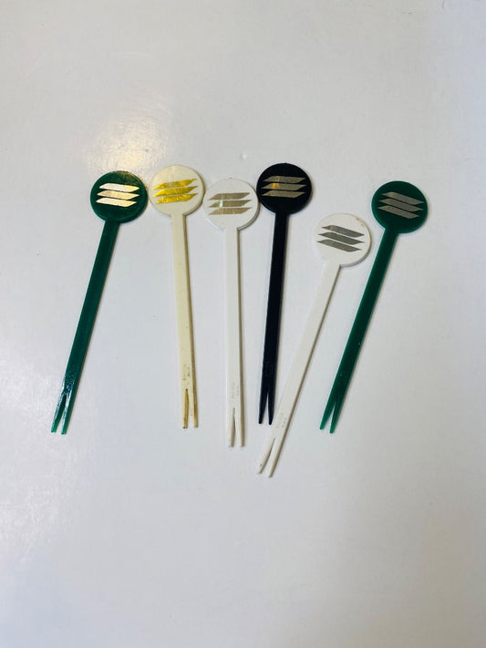 Lot of 6 Vintage Plastic Cocktail Forks 4" Assorted Colors Retro Barware