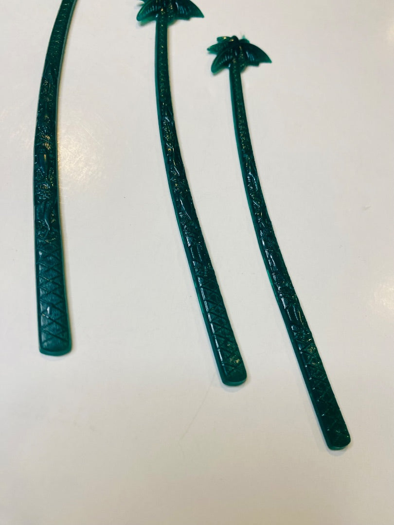 Set of 3 Vintage Hilton Mayaguez Cocktail Sticks Stirrers Green Palm Tree 6"