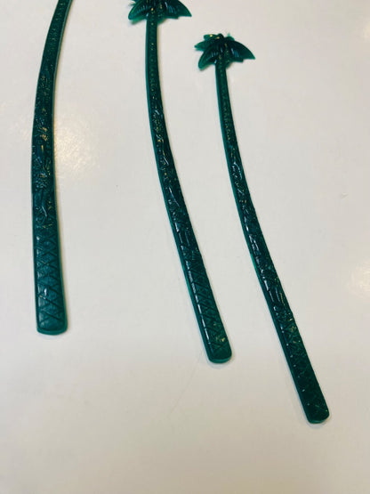 Set of 3 Vintage Hilton Mayaguez Cocktail Sticks Stirrers Green Palm Tree 6"