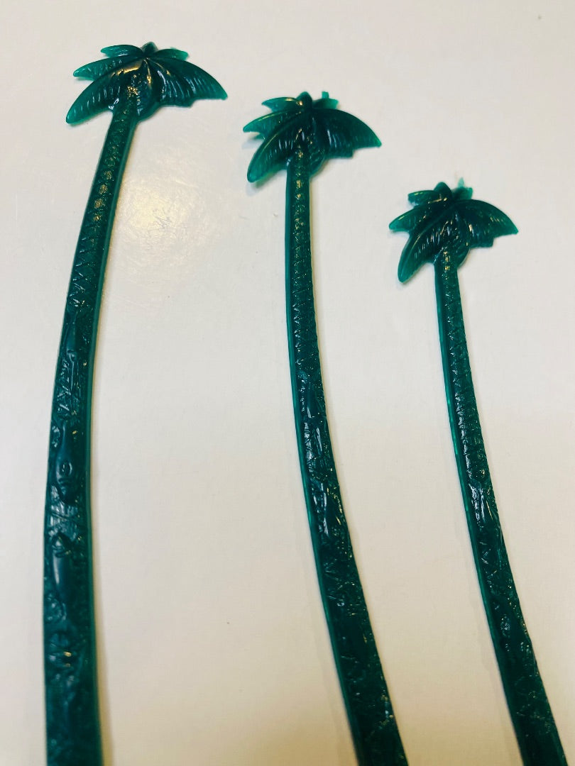 Set of 3 Vintage Hilton Mayaguez Cocktail Sticks Stirrers Green Palm Tree 6"