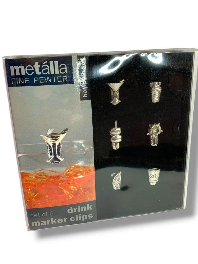 Prodyne Metalla Fine Pewter Drink Markers Set of 6 Wine Charms New