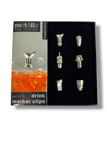 Prodyne Metalla Fine Pewter Drink Markers Set of 6 Wine Charms New