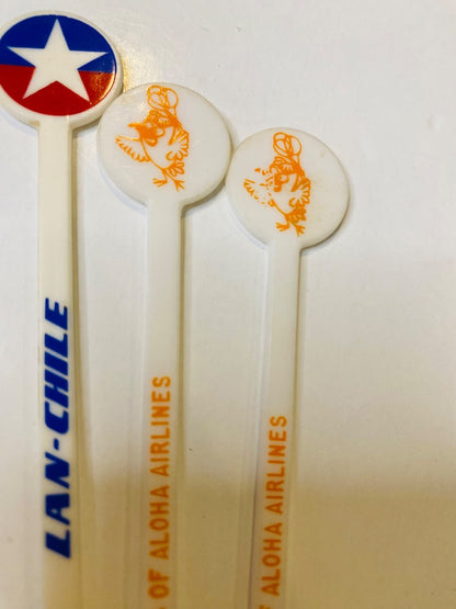 Lot of 3 Vintage Airline Swizzle Cocktail Sticks Stirrers Lan-Chile Funbirds of Aloha 5"