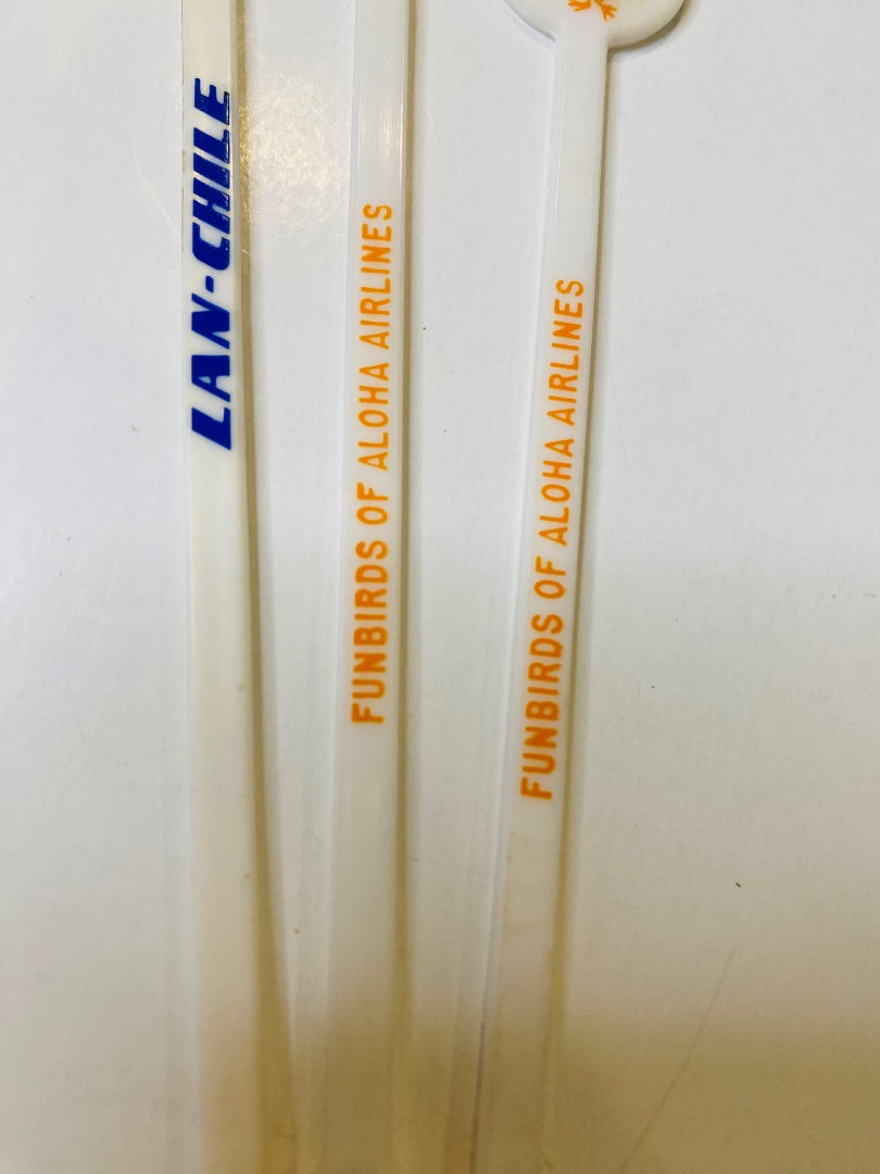 Lot of 3 Vintage Airline Swizzle Cocktail Sticks Stirrers Lan-Chile Funbirds of Aloha 5"