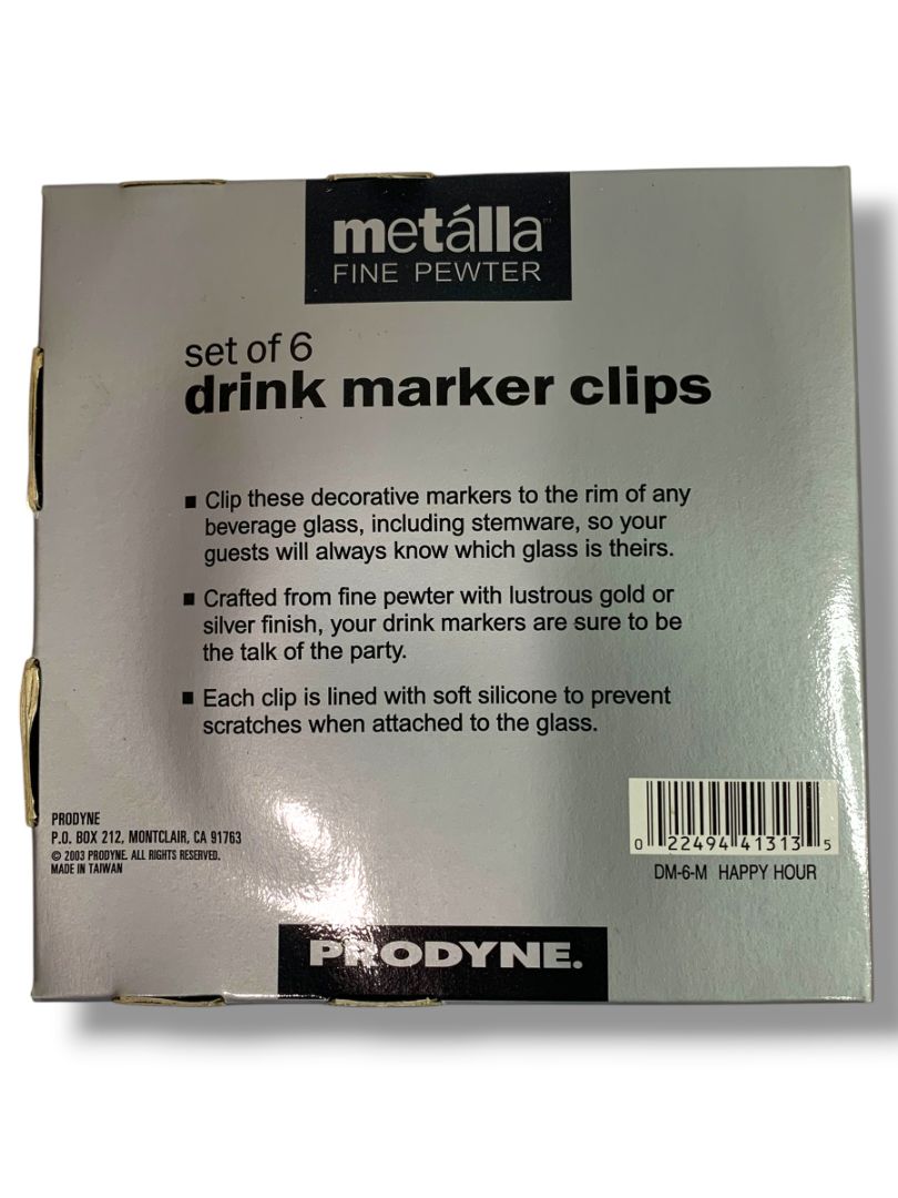 Prodyne Metalla Fine Pewter Drink Markers Set of 6 Wine Charms New