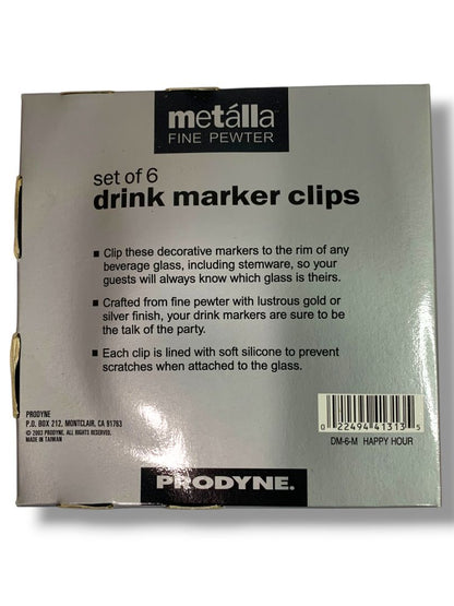 Prodyne Metalla Fine Pewter Drink Markers Set of 6 Wine Charms New