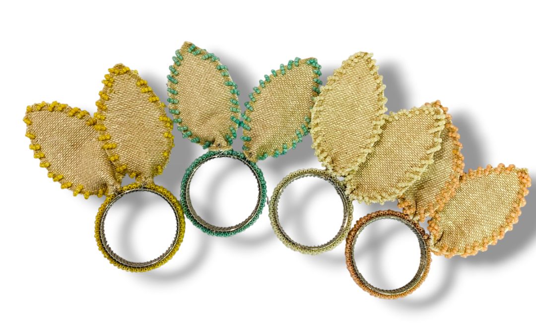 Set of 4 Bunny Ears Napkin Rings Beaded Burlap Pastel Assorted Easter Spring
