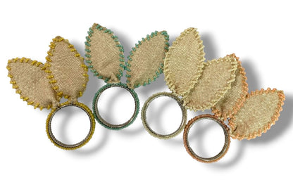 Set of 4 Bunny Ears Napkin Rings Beaded Burlap Pastel Assorted Easter Spring