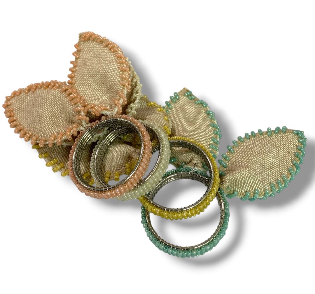 Set of 4 Bunny Ears Napkin Rings Beaded Burlap Pastel Assorted Easter Spring
