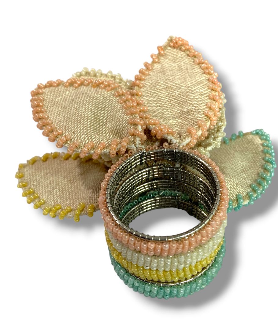 Set of 4 Bunny Ears Napkin Rings Beaded Burlap Pastel Assorted Easter Spring