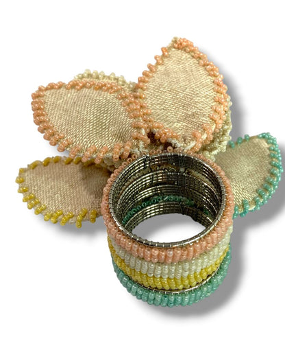 Set of 4 Bunny Ears Napkin Rings Beaded Burlap Pastel Assorted Easter Spring