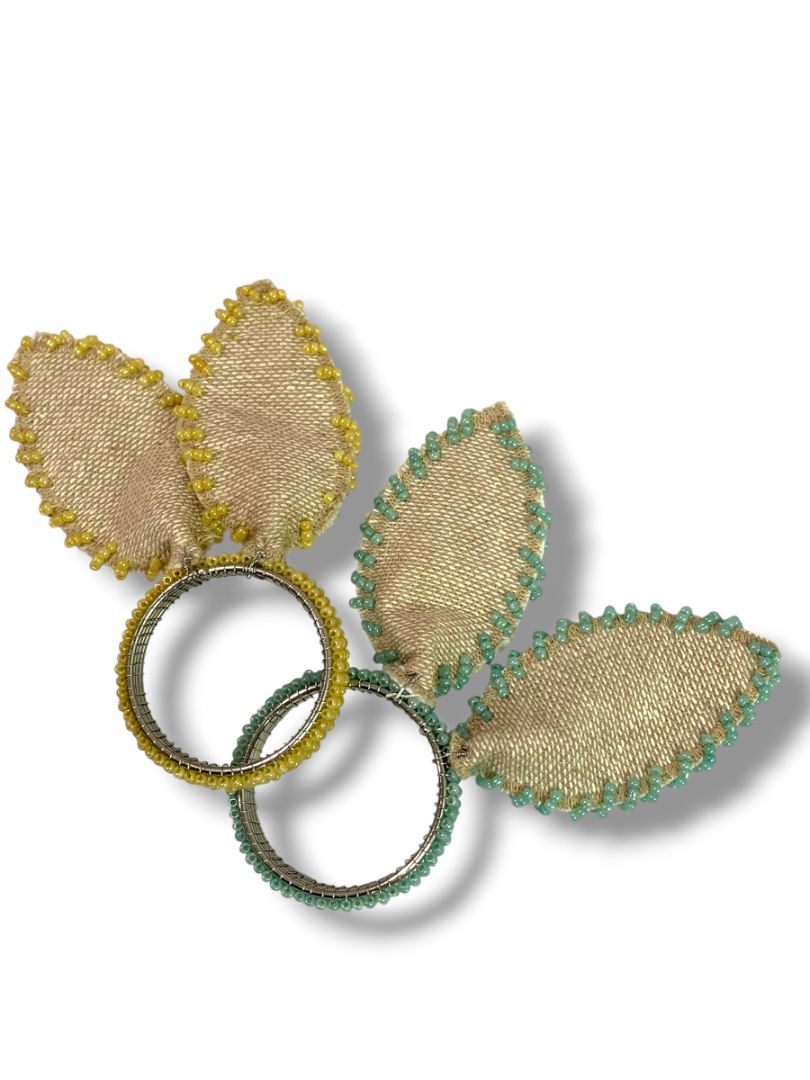 Set of 4 Bunny Ears Napkin Rings Beaded Burlap Pastel Assorted Easter Spring