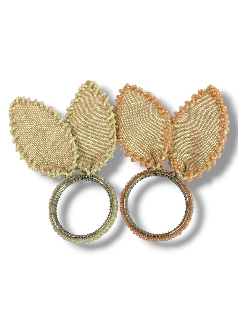 Set of 4 Bunny Ears Napkin Rings Beaded Burlap Pastel Assorted Easter Spring