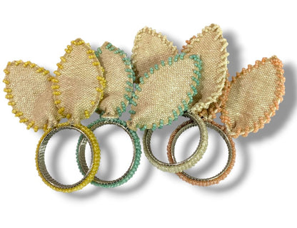 Set of 4 Bunny Ears Napkin Rings Beaded Burlap Pastel Assorted Easter Spring
