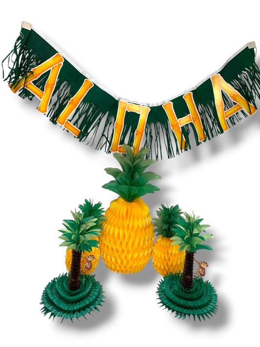 Vintage Set of Luau Decorations Beistle Honeycomb Palm Tree Monkeys Pineapples Aloha