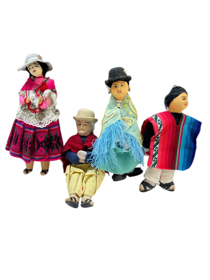 Lot of 4 Bolivian Soft Scult Dolls 7" Folk Art Grandpa Woman