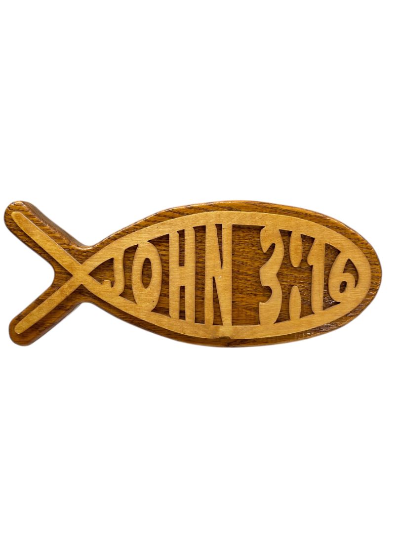 Wooden Ichthys Jesus Fish Wall Hanging John 3:16 11.5" Lasercut