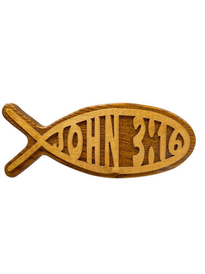 Wooden Ichthys Jesus Fish Wall Hanging John 3:16 11.5" Lasercut