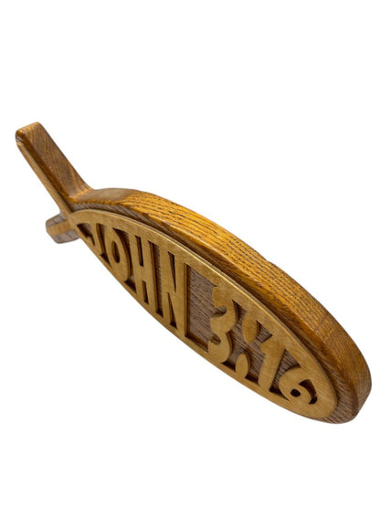 Wooden Ichthys Jesus Fish Wall Hanging John 3:16 11.5" Lasercut
