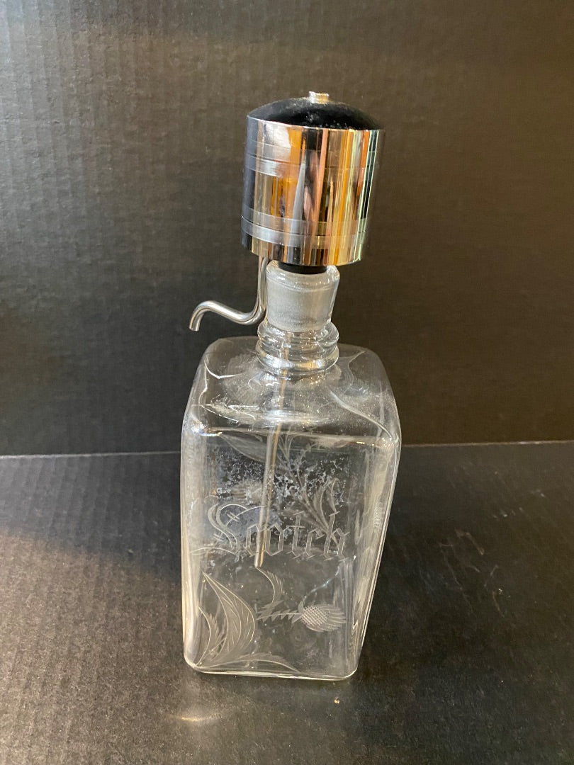 Midcentury Etched Glass Scotch Bottle with Say-When Dispenser