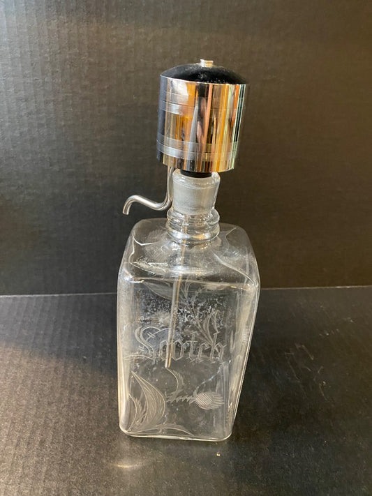 Midcentury Etched Glass Scotch Bottle with Say-When Dispenser