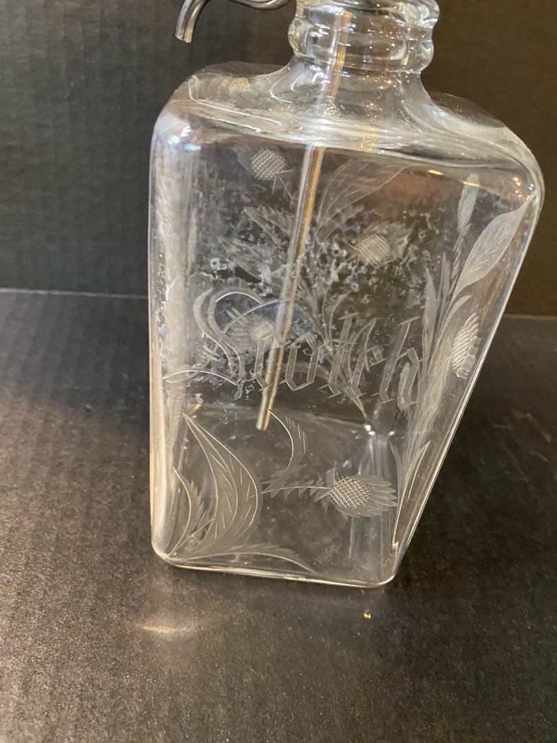 Midcentury Etched Glass Scotch Bottle with Say-When Dispenser
