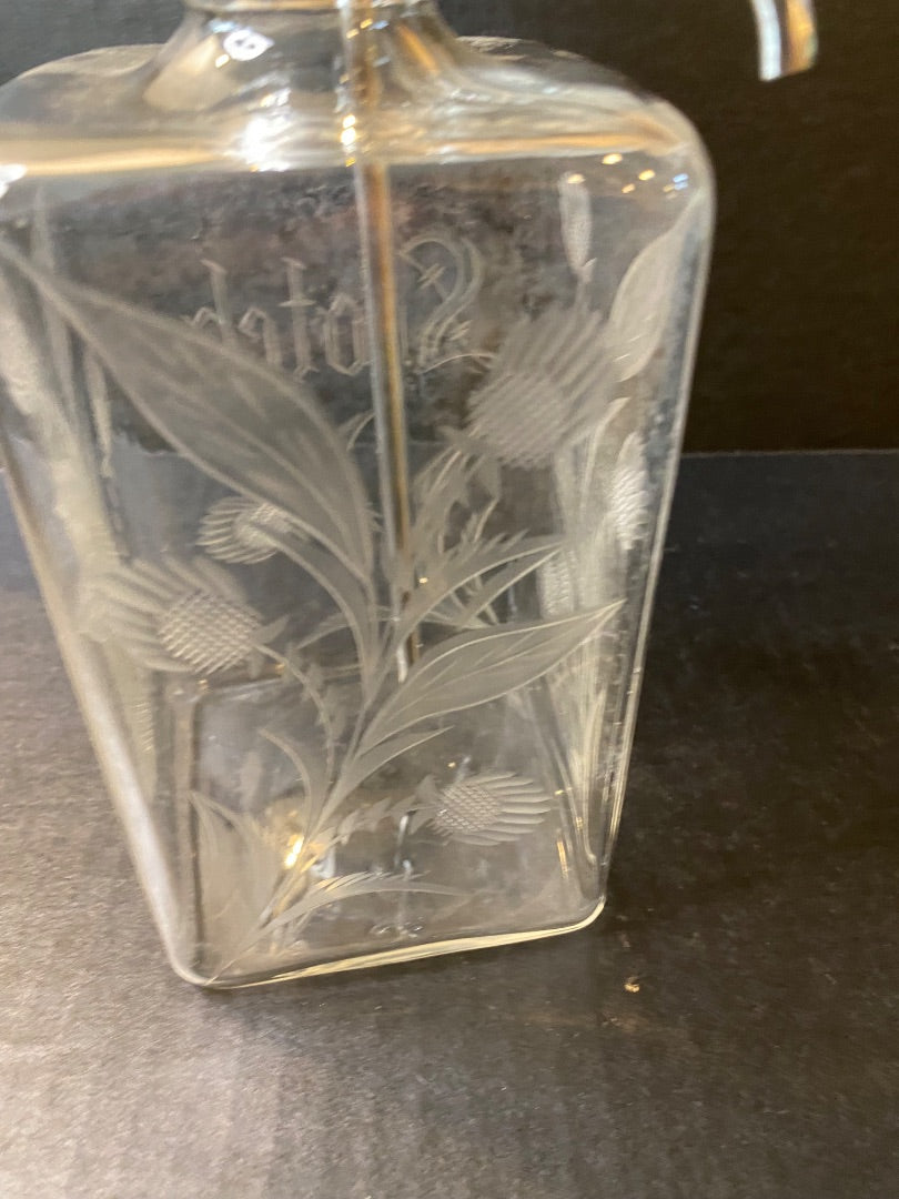 Midcentury Etched Glass Scotch Bottle with Say-When Dispenser