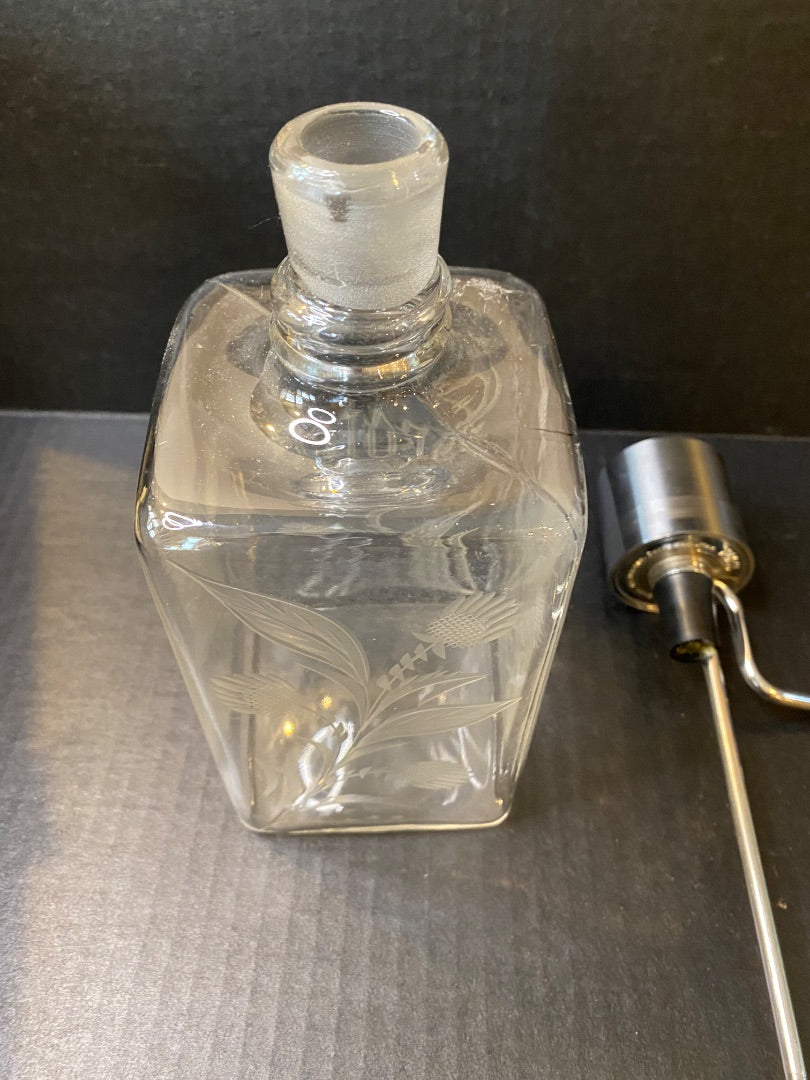 Midcentury Etched Glass Scotch Bottle with Say-When Dispenser
