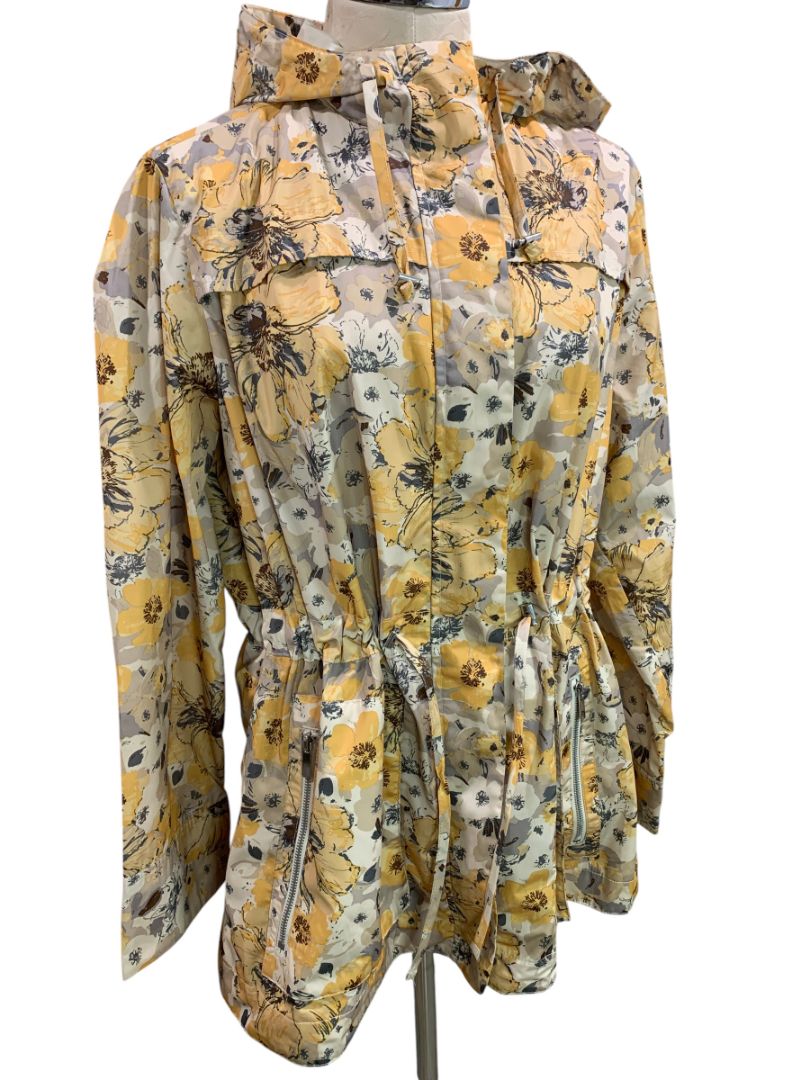 Size 1X Merona Womens Yellow Floral Print Rain Jacket Drawstring Waist Hood