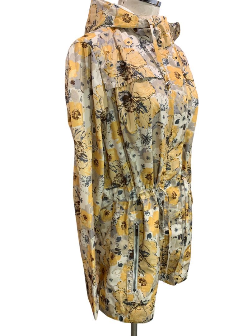 Size 1X Merona Womens Yellow Floral Print Rain Jacket Drawstring Waist Hood