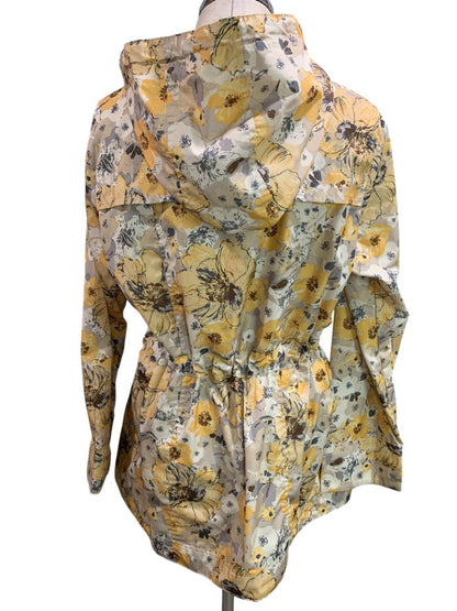 Size 1X Merona Womens Yellow Floral Print Rain Jacket Drawstring Waist Hood