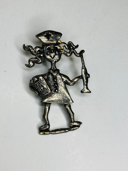 Vintage H Adams Signed Crazy Hair Nurse Lapel Pin Silvertone 2.2"